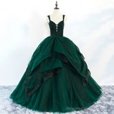 Beautiful Dark Green Prom Dresses Ball Gown Beading Ruffles Spaghetti Straps Backless Sleeveless Floor-Length Long Formal Dresses